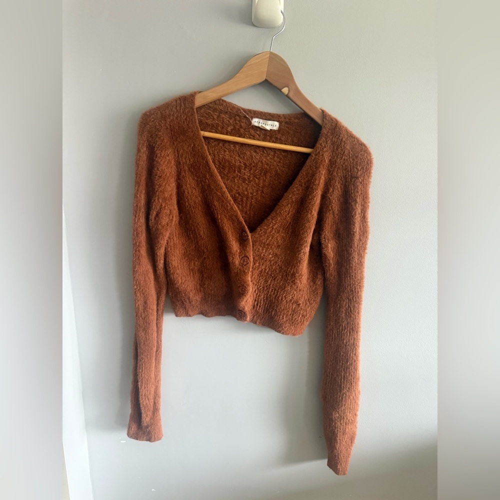 Aeropostale Fuzzy Cropped Cardigan Brown Soft Button Front Sweater Women’s M